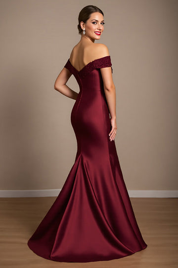 Off The Shoulder Burgundy Mermaid Satin Long Mother Of The Bride Dress